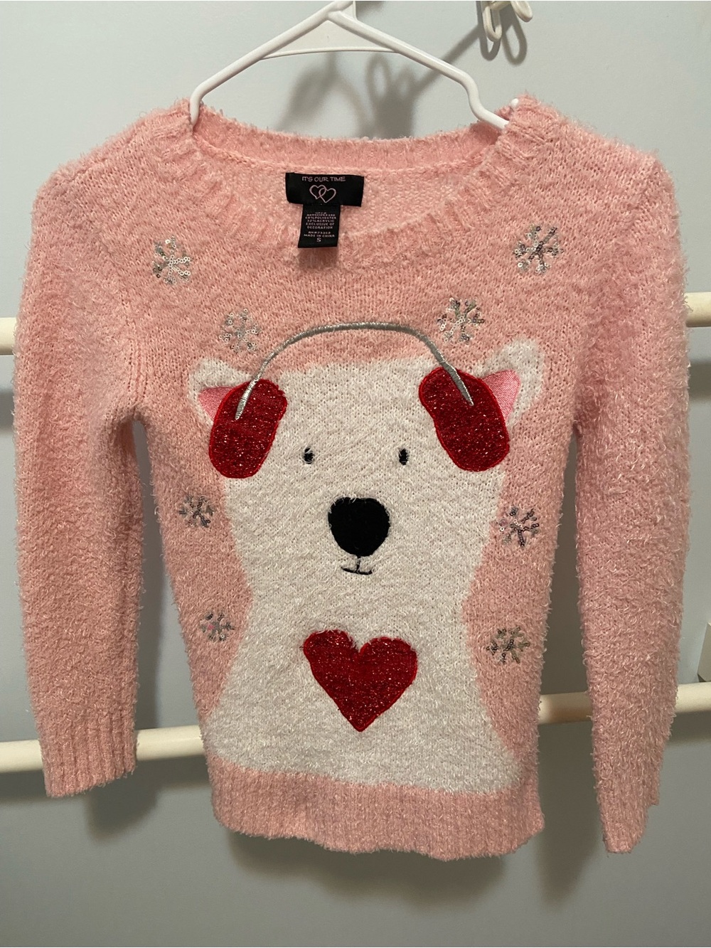 Girls Adorable Cozy Pink Polar Bear Heart Sweater with Red Accents